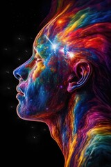 Human head made of colourful trails over space with stars, created using generative ai technology