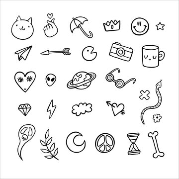 Modern stickers and emoji doddles linear icons set
