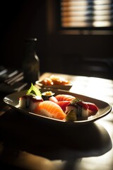 Close up of selection of sushi rolls and dishes, created using generative ai technology