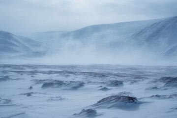 Fototapeta na wymiar Frozen arctic tundra landscape with snow and blue sky, created using generative ai technology