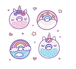 Fairy dessert with unicorn rainbow donuts color icons set