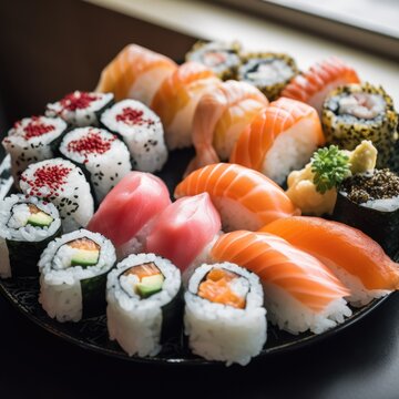 Close up of selection of sushi rolls on plate, created using generative ai technology