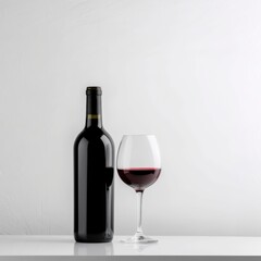 Wine bottle and glass with red wine on black background, created using generative ai technology