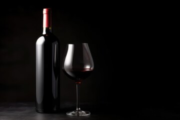 Wine bottle and glass with red wine on black background, created using generative ai technology