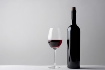 Wine bottle and glass with red wine on black background, created using generative ai technology