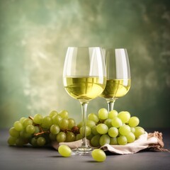 Two glasses of white wine and grapes on green background, created using generative ai technology