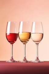 Three glasses of red, white and rose wine on pink background, created using generative ai technology