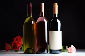 Three bottles of red white and rose wine on grey background, created using generative ai technology