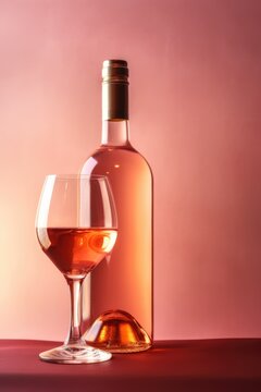 Bottle and glass of rose wine on pink background, created using generative ai technology