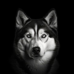 Portrait of siberian husky in field in black and white, created using generative ai technology