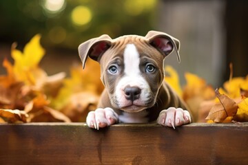 Portrait of brown and white pitbull puppy resting on wood, created using generative ai technology