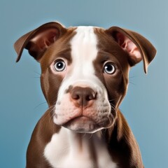 Portrait of brown and white pitbull puppy resting on pillow, created using generative ai technology