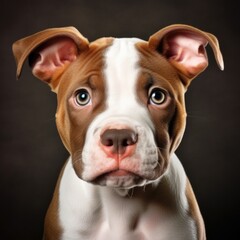 Close up portrait of brown and white pitbull puppy, created using generative ai technology