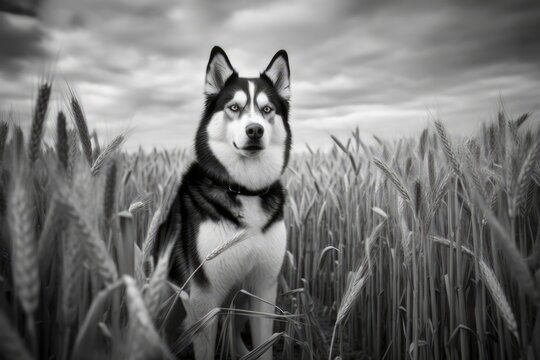 Close up of siberian husky in black and white, created using generative ai technology