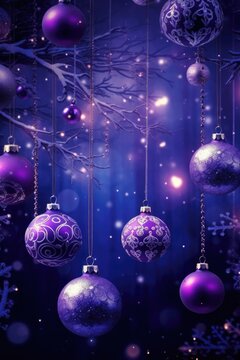 Purple christmas tree with baubles on purple background, created using generative ai technology
