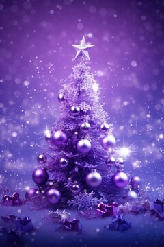Christmas tree star and baubles on purple background, created using generative ai technology