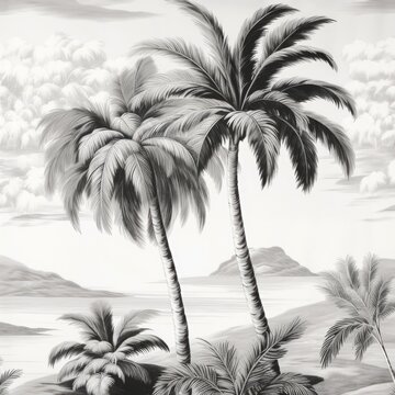 Multiple palm trees in black and white, created using generative ai technology