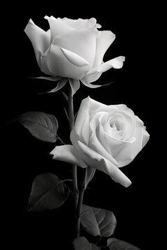 Close up of white roses on black background, created using generative ai technology