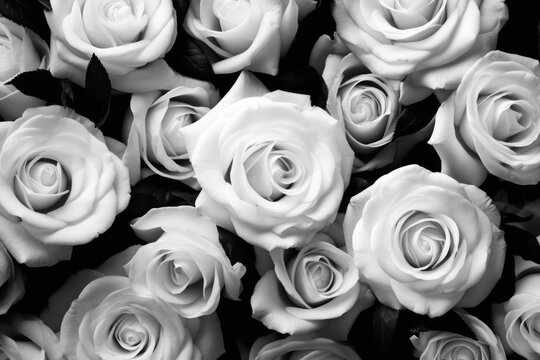 Close up of white roses on black background, created using generative ai technology
