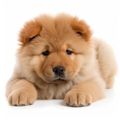 Portrait of cute chow chow puppy on white background, created using generative ai technology