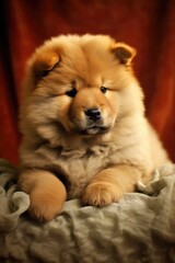 Portrait of cute chow chow puppy walking in street, created using generative ai technology