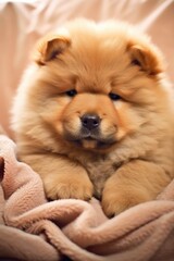 Portrait of cute chow chow puppy lying on blanket, created using generative ai technology