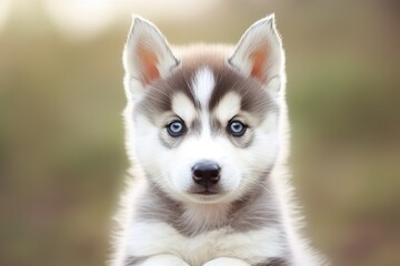 Portrait of cute siberian husky puppy lying on blanket, created using generative ai technology