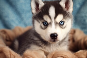 Portrait of cute siberian husky puppy lying on blanket, created using generative ai technology