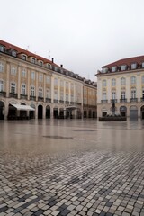 High angle view of fountain in 18th century city square, created using generative ai technology