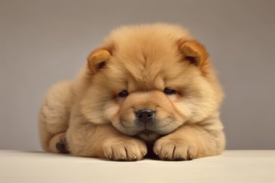 Portrait of cute chow chow puppy lying on wood, created using generative ai technology
