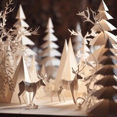 Multicoloured paper forest and woodland animals in summer, created using generative ai technology