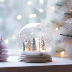 Fototapeta na wymiar House and trees in christmas snow globe by window, created using generative ai technology