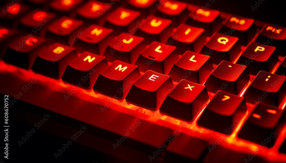 Fototapete Typing data on modern computer keyboard illuminates glowing alphabet symbol generated by AI