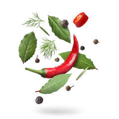 Bay leaves, rosemary, dill, black and fresh red hot peppers falling on white background