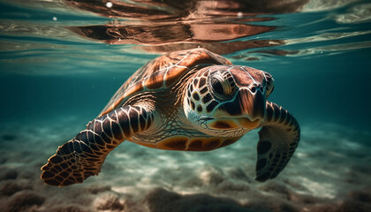 A majestic sea turtle swims gracefully in the tropical reef generated by AI
