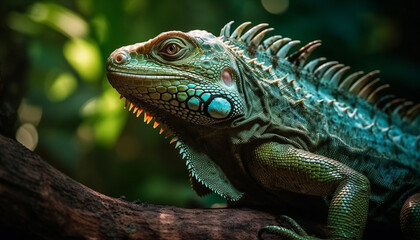 Fototapeta premium Green iguana perched on branch, scales and eyes mesmerize generated by AI