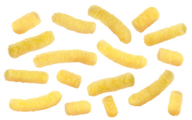 Many tasty corn sticks falling on white background