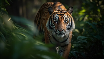 The majestic Bengal tiger, a large and endangered striped feline generated by AI