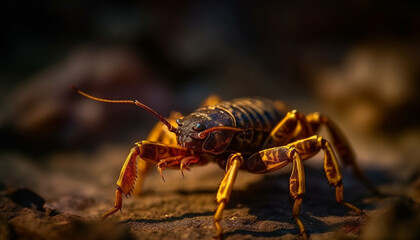 Fototapeta premium Spooky forest at night, focus on large yellow spider eye generated by AI