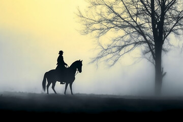 Soldier on a horse, foggy area, silhouette. AI generative