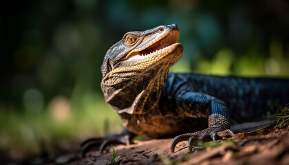 Obraz premium Endangered iguana crawls on branch, focus on animal head generated by AI