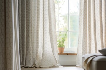 White curtains with patterns hanging in room with window, created using generative ai technology