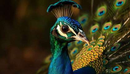 Obraz premium The majestic peacock displays vibrant elegance with multi colored feathers generated by AI