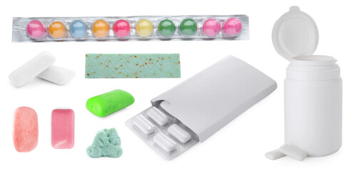 Set of different chewing gums on white background