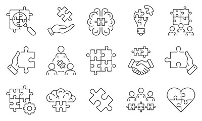 Business Partnership, Teamwork Line Icon Set. Team Connection, Communication Management Linear Pictogram. Jigsaw Puzzle Pieces Outline Symbol Collection. Editable Stroke. Isolated Vector Illustration