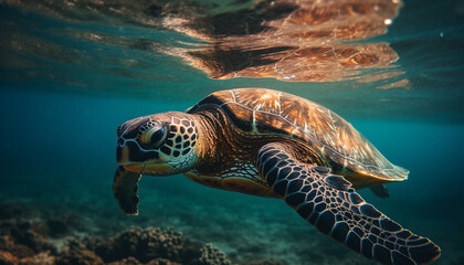 Fototapeta premium Endangered sea turtle swims in tranquil blue reef, below sand generated by AI