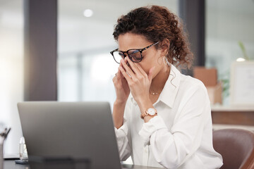 Business woman, headache and stress in burnout, anxiety or depression on laptop at office. Tired or...