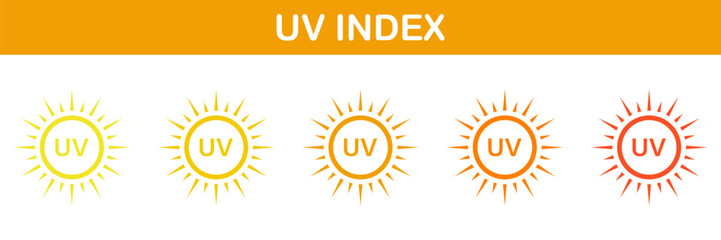 Sun Radiation Index Icons Set. Skin Protection From Sunlight Pictogram. Block Danger Solar Ultraviolet Rays Symbol Collection. SPF Label. Isolated Vector Illustration