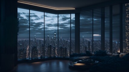 Fototapeta na wymiar A living room with a view of the city at night