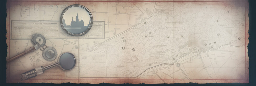 Magnifier. Old style. Vintage background on the theme of crime, police, detective, investigation. Banner AI Generative